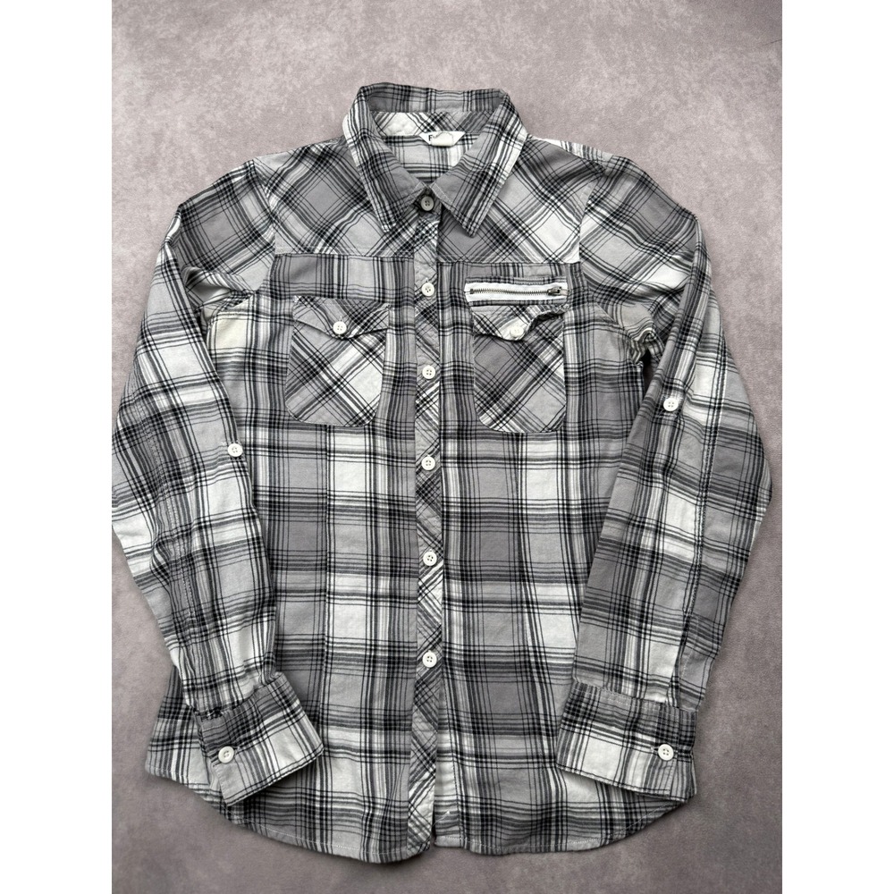 Fox Racing Womens M Gray Black White Plaid Cotton Flannel Button Down Shirt Long